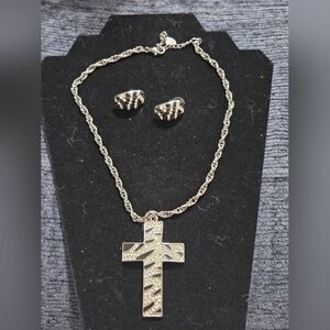 Silver-Tone Zebra Pattern Cross Necklace with Matching Earrings